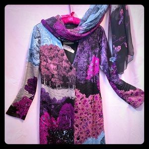 Hanae Mori Couture 1972 Silk Evening Coat & Scarf